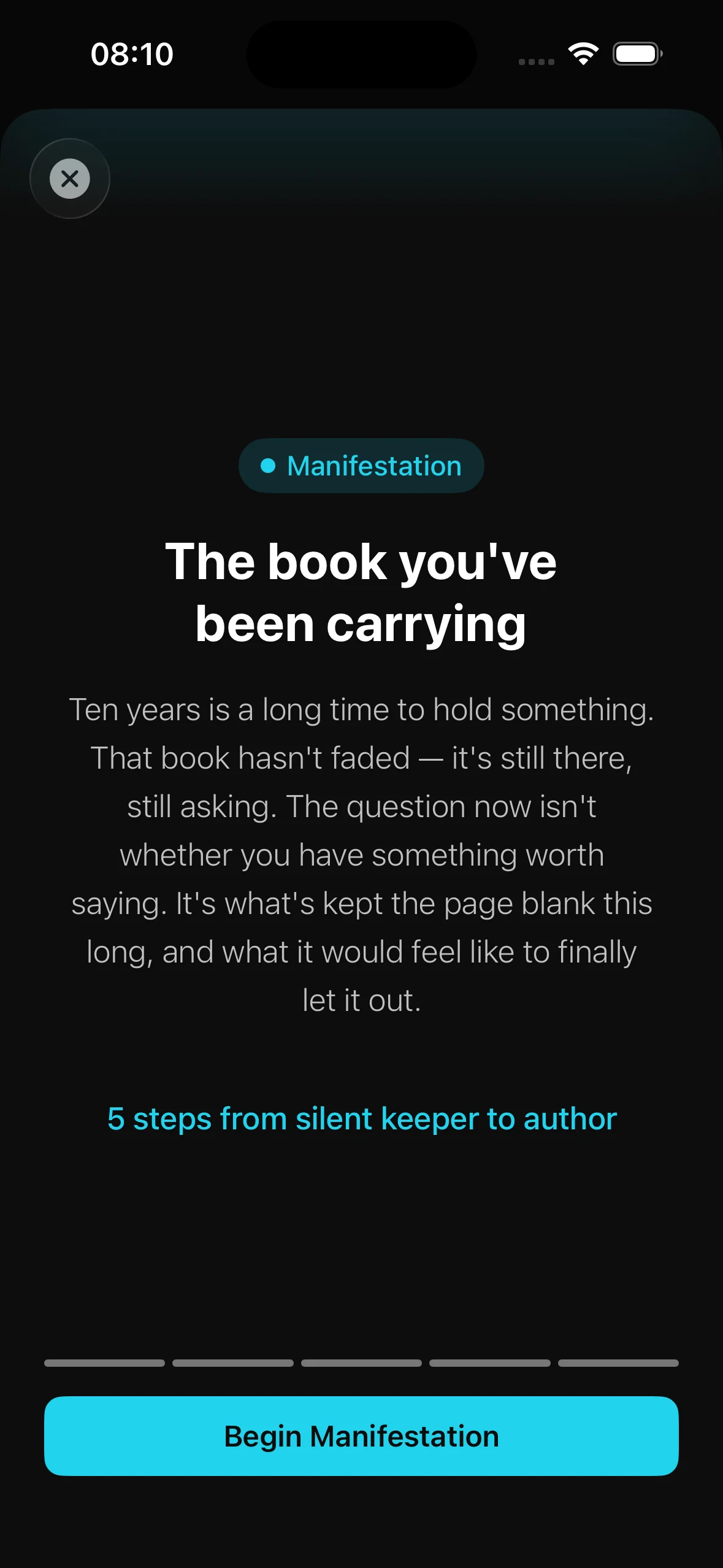 AI classification showing: The book you've been carrying — with manifestation badge and personalized session hook