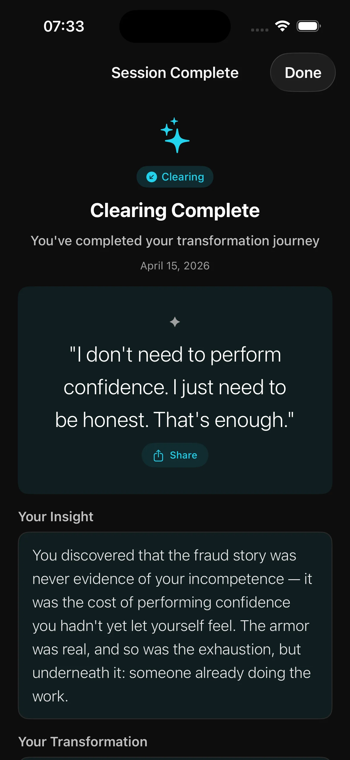Session summary showing personal affirmation, key insight, and transformation journey